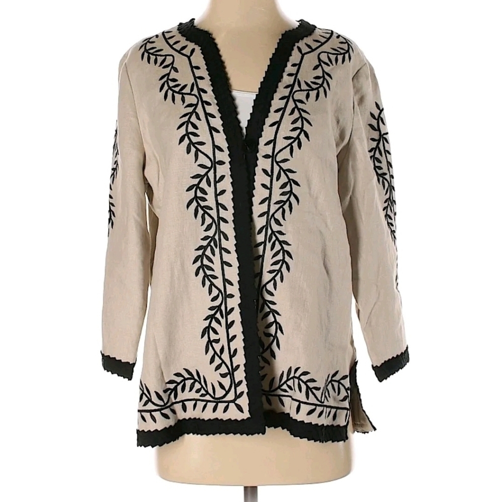 Linea Louis Dell'Olio‎ Blazer Jacket Size Medium Linen Black Beige Embroidered